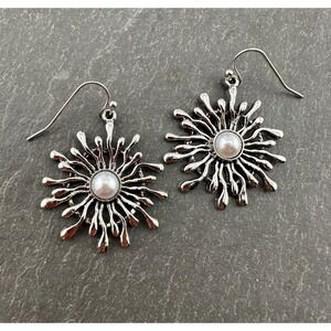 Starburst Earrings Silver Tone & Faux Pearl NEW